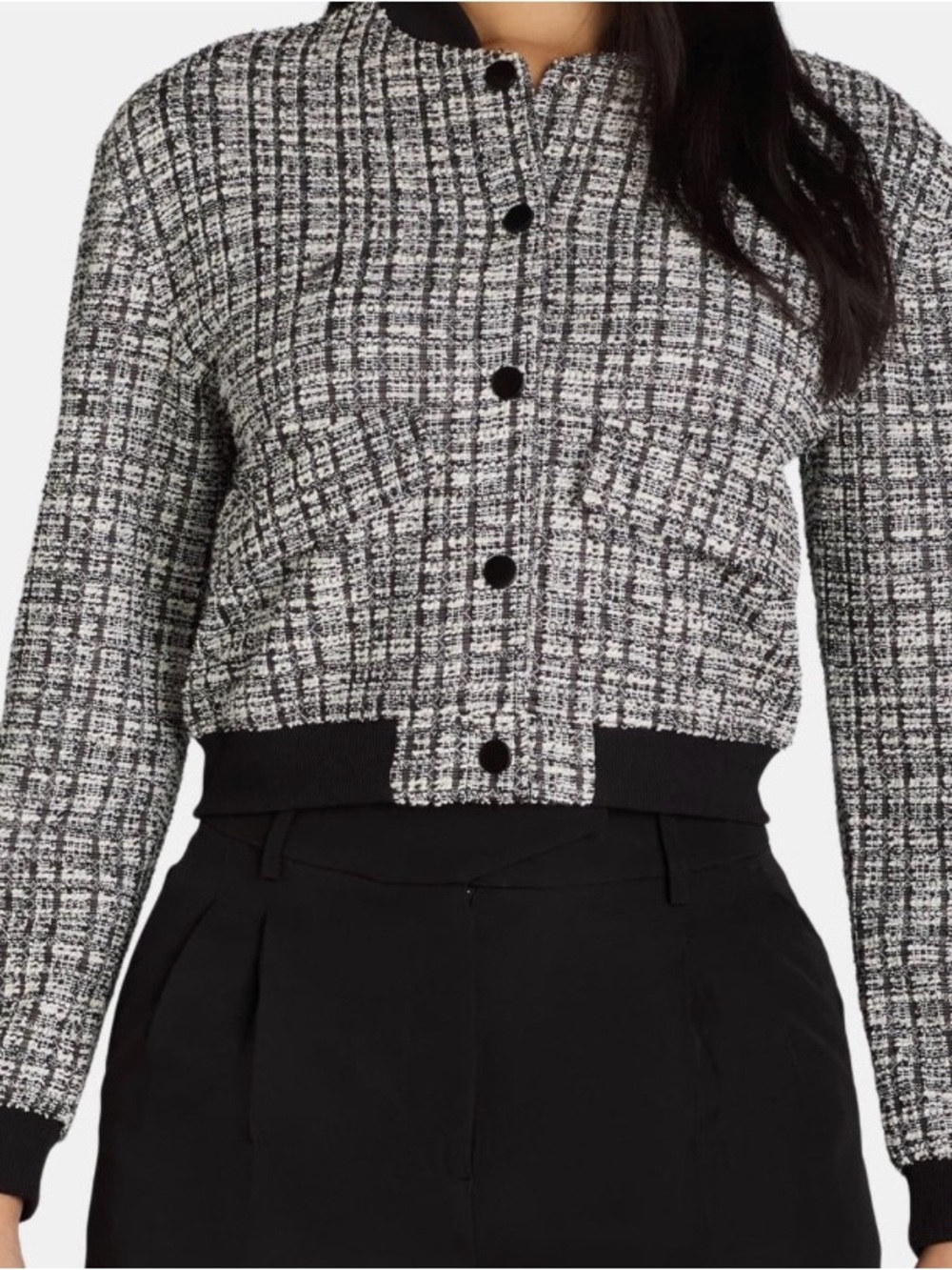 Woven Plaid Bomber Jacket - Black & White